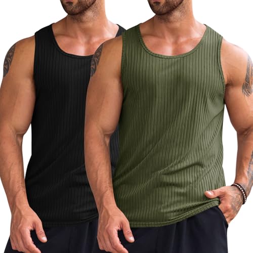 Men's Ribbed Tank Tops Knit Sleeveless Workout T Shirt Muscle Gym Fitness Tee