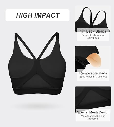 Womens Comfort Y Back Sports Bras - Medium Impact Supportive Workout Bra - Spaghetti Straps Yoga Bra Tops with Removable Pads