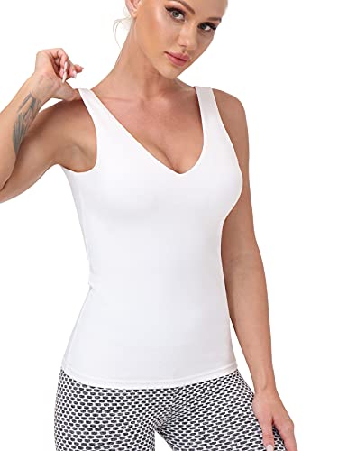 Workout Tops for Women Yoga Tank Tops with Built in Bra Wirefree Padded Yoga Bras Gym Running Athletic Shirt V-Neck Camisole