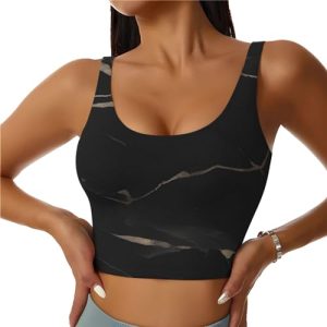 Women's low collar Sports Bra Elastic Sports Vest Yoga Tank Top Tops Shirts Black textured marble Pattern