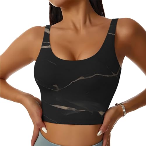 Women's low collar Sports Bra Elastic Sports Vest Yoga Tank Top Tops Shirts Black textured marble Pattern