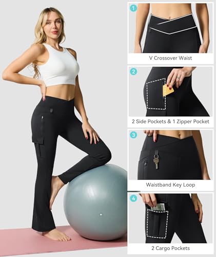 Flare Leggings for Women Yoga Crossover High Waist Pants with Tummy Control Workout Cargo with 5 Pockets Bootcut Leggings
