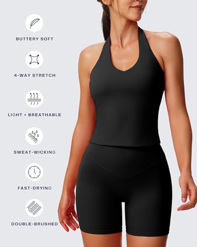Women's Sleeveless Hailey Halter Tank Tops Workout Athletics Gym Yoga Curve Longline Crop Top