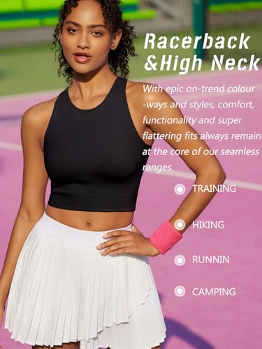 Sports Bras for Women High Impact Seamless Ribbed Longline High Neck Workout Crop Tank Tops Padded