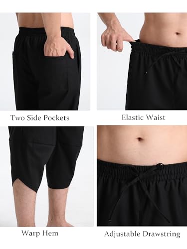 41ajonJwvmL.jpg Men's Linen Yoga Pants Casual Beach Loose 3/4 Harem Trousers Summer Elastic Drawstring Capri Pants