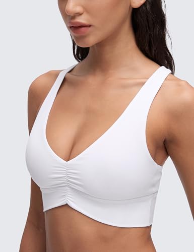 Butterluxe Womens Ruched Longline Sports Bras - V Neck Padded Yoga Tank Wide Straps Cross Back Crop Tops
