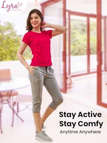 Women's Cotton Capri Pant Cropped Jogger with Side Pockets & Drawstring | Stretchable Lounge Yoga Workout Track Pants Size - M,