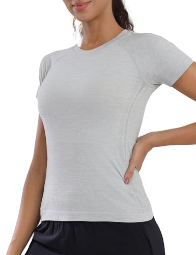 Seamless Short Sleeve Workout Shirts for Women Breathable Running Workout Tops Athletic Gym Yoga Basic Shirts