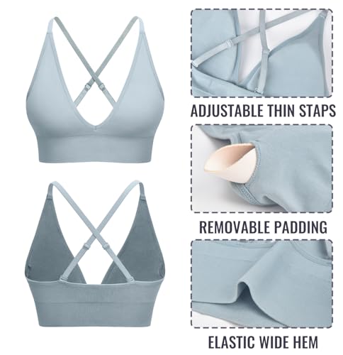 V Neck Adjustable Spaghetti Straps Sports Bra for Women, Padded Criss Cross Back Longline Yoga Bra Workout Crop Top Multipack