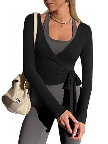 Womens Wrap Tie Tops Y2k Long Sleeve Ballet Pilates Yoga Workout Wrap Shirts Deep V Neck Casual Tops