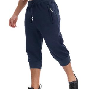 Men's 3/4 Jogger Capri Pants Workout Gym Below Knee Shorts Zipper Pockets Jogger Sweatpant Capris for Men