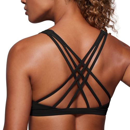 Strappy V Neck Sports Bras for Women - Criss Cross Back Wireless Padded Workout Yoga Bra