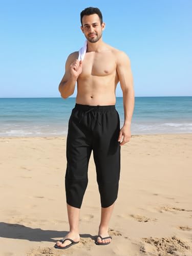 41uMMOM94wL.jpg Men's Linen Yoga Pants Casual Beach Loose 3/4 Harem Trousers Summer Elastic Drawstring Capri Pants