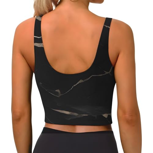 Women's low collar Sports Bra Elastic Sports Vest Yoga Tank Top Tops Shirts Black textured marble Pattern