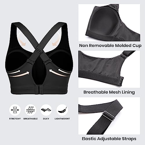 Womens Zip Front High Impact Sports Bra - Molded Cup Adjustable Convertible Straps Wireless Workout Yoga Crop Top