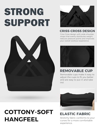 Sports Bras for Women, Criss Cross Back Medium Support Bras for Large Bust, Strappy Yoga Workout Bra with Pads