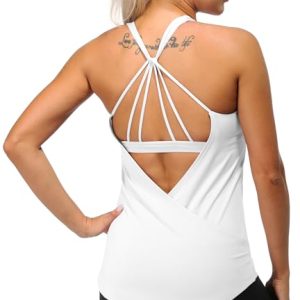 Built in Bra Workout Tank Tops for Women - Open Back Strappy Athletic Yoga Tops Exercise Running Gym Shirts