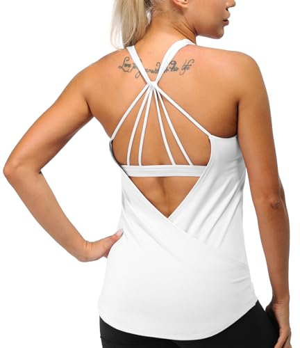 Built in Bra Workout Tank Tops for Women - Open Back Strappy Athletic Yoga Tops Exercise Running Gym Shirts