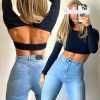 Backless Workout Tops for Women Long Sleeve Gym Shirts Open Back Crop Top Cute Going Out Tops Yoga Athletic Tops
