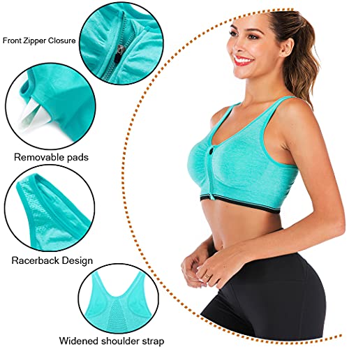 Women's Zip Front Sports Bra Seamless Wirefree Post Surgery Bra Padded Sports Bras Yoga Bra with Removable Cups